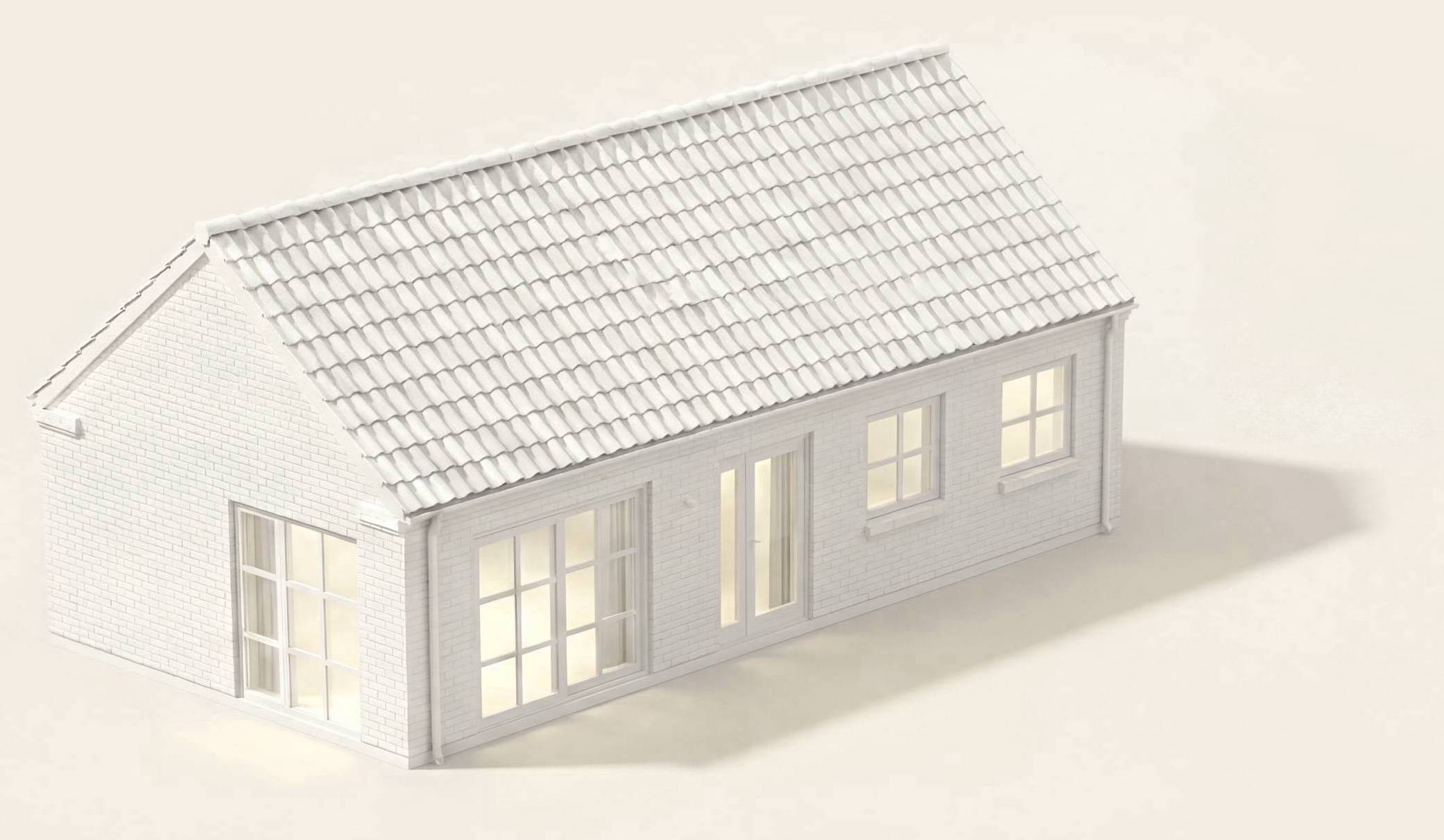 3D illustration af dansk hus med tegltag og murværk